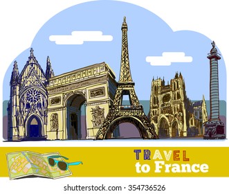 Travel to France.Good idea for banner, poster. Hand-drawn illustrations.