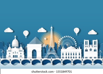 Travel French architecture of Paris landmark in France cityscape with panoramic views , origami style paper for travel postcards, Vector illustration.