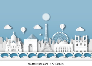 Travel French architecture of Paris landmark in France cityscape with panoramic views , origami style paper for travel postcards, Vector illustration.