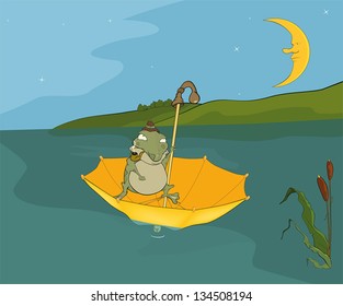Travel of a frog. Cartoon