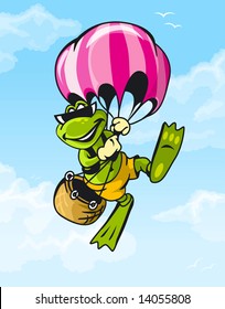 travel frog flying on the balloon in the blue sky with clouds vector character