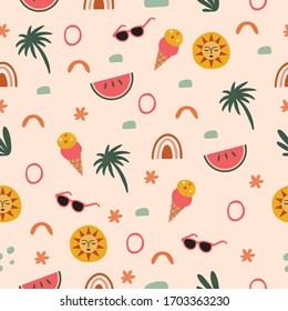 Travel Fun Seamless Pattern with Summer Icons in Vector featuring ice cream, watermelon, sunglasses and sun illustration.