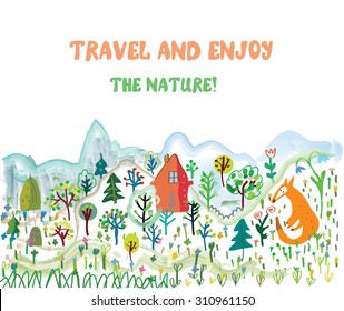 Travel funny card with landscape and animals - vector illustration