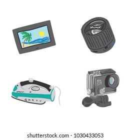 Travel Gadgets Vector Set
Flat design technic signs of photo frame, action camera, dynamic and iron
