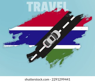 Travel to Gambia by car, going holiday idea, vacation and travel banner concept, car on the road with Gambia flag, international car travel, automobile going on a way, top view