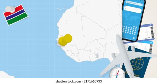 Travel to Gambia concept, map with pin on map of Gambia. Vacation preparation map, flag, passport and tickets. Vector illustration in flat design.