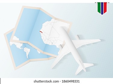 Travel to Gambia, top view airplane with map and flag of Gambia. Travel and tourism banner design.