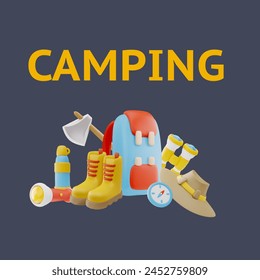 Travel gear backpack, binoculars, compass, axe, flashlight, hat and boots 3D camping composition. Tourist trekking or hiking outdoor activity, sport nature adventure. Vector cartoon render poster
