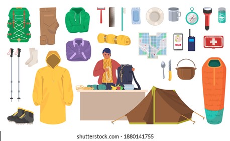 Travel gear and equipment. Hiking and trekking essentials, flat vector isolated illustration. Hiker outdoor clothes, backpack, flashlight, camping tent, trekking poles, sleeping bag, hiking boots etc.