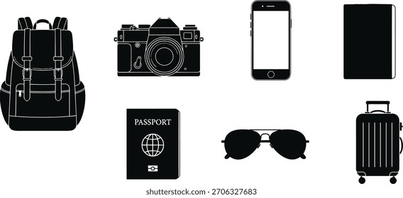 Iconos del equipo del viaje, mochila, cámara, smartphone, libro, pasaporte, gafas de sol, maleta, estilo de la silueta, esenciales del turismo, símbolos negros, artículos de la aventura