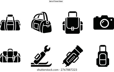 Travel gear silhouette vector set displayed in an organized grid, featuring luggage, bags, camera, and adventure accessories isolated on white background.