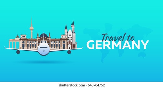 Travel to Germany. Airplane with Attractions. Travel vector banners. Flat style