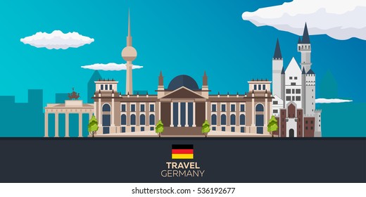 Travel to Germany, Berlin Poster skyline. Reichstag, Brandenburg Gate. Vector illustration