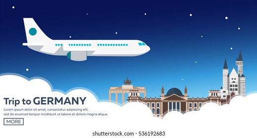 Travel to Germany, Berlin Poster skyline. Reichstag, Brandenburg Gate. Vector illustration