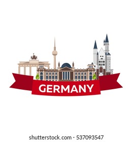 Travel to Germany, Berlin Poster skyline. Reichstag, Brandenburg Gate. Vector illustration