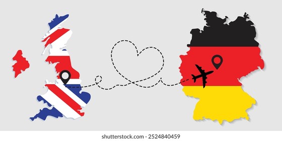 Travel to Germany by airplane from Great Britain concept. Flags symbol on maps. I love Germany vector illustration