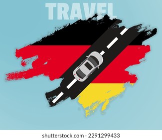 Travel to Germany by car, going holiday idea, vacation and travel banner concept, car on the road with Germany flag, international car travel, automobile going on a way, top view