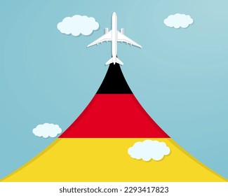 Travel to Germany by flight, destination concept, vacation in Germany, plane vector design, paper cut effect with blue sky and airplane, summer trip idea, country tourism banner