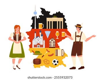 Travel to Germany, culture elements and traditional Oktoberfest food, landmarks on infographic collage with country map and flag. German people, sausages and Bavarian beer cartoon vector illustration