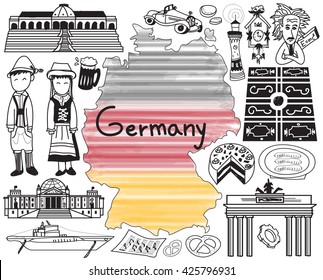 Travel to Germany doodle drawing icon with culture, costume, landmark and cuisine tourism concept in isolated background, create by vector  
