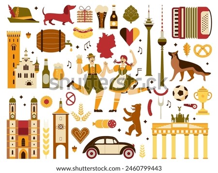 Travel Germany elements collection with Bavarian happy couple in traditional clothing holding beer and German iconic landmarks, traditional food and popular cultural symbols. No AI art.