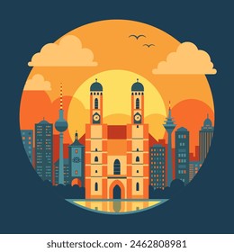 Travel Germany icon with famous landmark inspired by Munich cathedral. Frauenkirche on city skyline with Germany architectural monuments and famous symbols at sunset background.