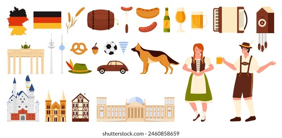 Travel to Germany, national culture symbols and characters set. German man and woman, food of Oktoberfest festival and Bavarian beer, building landmarks and flag on map cartoon vector illustration