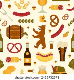 Travel Germany October fest pattern with traditional food and drink in line art design. German and Bavarian cultural elements seamless background for paper and textile design.