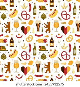 Travel Germany October fest pattern with traditional food and drink in line art design. German and Bavarian cultural elements seamless background for paper and textile design.