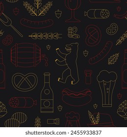 Travel Germany pattern with traditional food and drink in line art design. German and Bavarian cultural elements seamless background for paper and textile design.