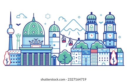 Travel Germany scene of Berlin and Munich cityscape with Frauenkirch, Dome cathedral and Brandenburg gate inspired architectural landmarks. German tourist symbols panoramic banner in line art design.