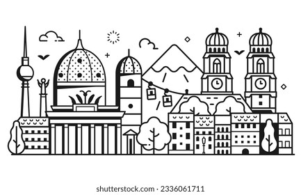 Travel Germany scene of Berlin and Munich cityscape with Frauenkirch, Dome cathedral and Brandenburg gate inspired architectural landmarks. German tourist symbols panoramic banner in line art design.