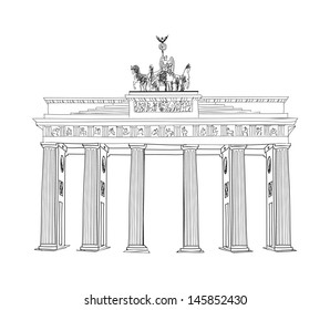 Cartel de viaje de Alemania. Puerta Brandenburger, famosa ciudad de Berlín. Dibujo vectorial de lápiz aislado en fondo blanco 