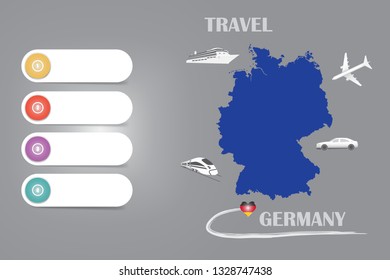 Travel Germany template vector for travel agencies etc. Vector showing the plane, car, train and ship approaching the blind map of Germany. Four blank labels are ready for your text. 