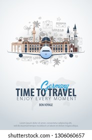 Travel to Germany. Time to Travel. Banner with airplane and hand-draw doodles on the background. Vector Illustration