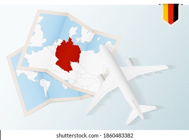 Reisen Sie nach Deutschland, Top-View-Flugzeug mit Karte und Flagge von Deutschland. Reise- und Tourismusbanner-Design.