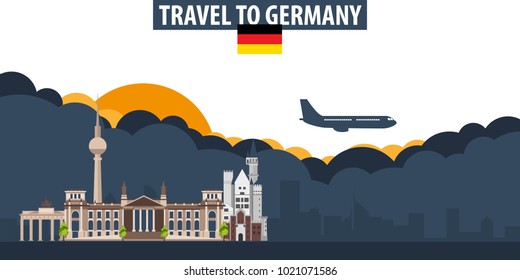 Travel to Germany. Travel and Tourism banner. Clouds and sun with airplane on the background