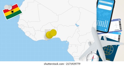 Travel to Ghana concept, map with pin on map of Ghana. Vacation preparation map, flag, passport and tickets. Vector illustration in flat design.
