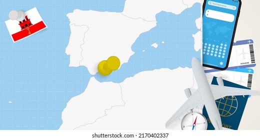 Travel to Gibraltar concept, map with pin on map of Gibraltar. Vacation preparation map, flag, passport and tickets. Vector illustration in flat design.