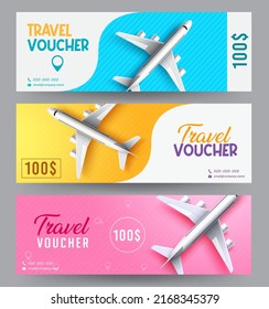 Travel gift certificate vector set design. Travel voucher text with airplane transportation element for trip and tour gift check advertisement promotion. Vector illustration.
