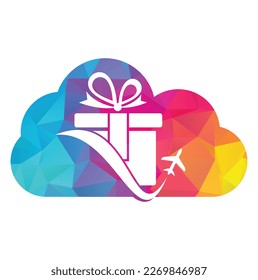 Diseño del logotipo vectorial de forma de nube de regalo de viaje. Vector de la combinación de regalo y logotipo del avión.