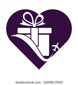 Diseño del logo del vector de forma del corazón de regalo de viaje. Vector de la combinación de regalo y logotipo del avión.