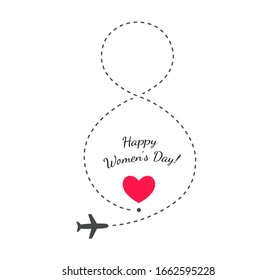 Travel gift on Women's Day Greeting Card, eight symbol path with fly air plane, 8 line path and heart icon vector concept illustration