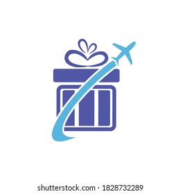 Diseño del logotipo vectorial de regalo de viaje. Vector de la combinación de regalo y logotipo del avión.
