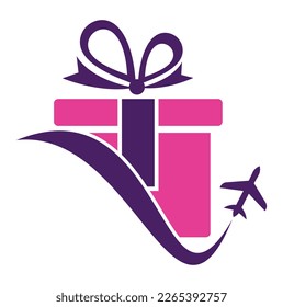 Diseño del logotipo vectorial de regalo de viaje. Vector de la combinación de regalo y logotipo del avión.