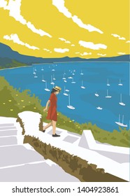 Travel girl down the sea catching yacht or sailing boat. Explore European sea. Vintage travel poster.