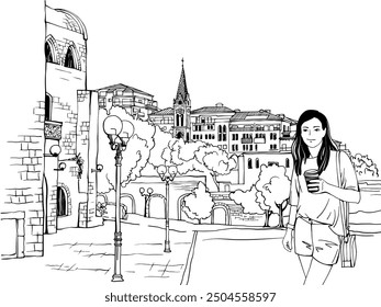 Travel Girl in Israel, Yaffa, Tel Aviv. Old Houses. Urban sketch. Line art. Girl with cup of coffee.	