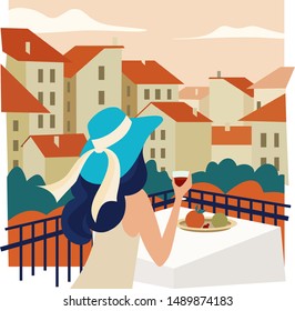 Travel girl on lisbon roofs. Traveling alone concept. Vector flat illustration