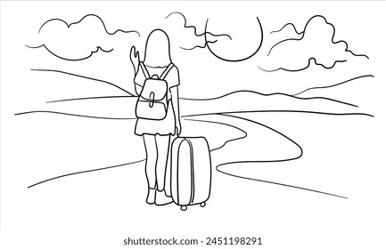 Travel girl on the road with a backpack on white background. Continuous line art drawing isolated on white background. Vector illustration