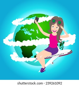 travel girl sitting on airplane and taking selfie with cell phone, Elements of earth map Furnished by NASA.